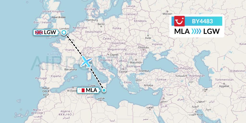 BY4483 TUI Airways Flight Map: Malta to London