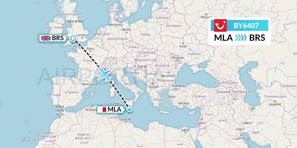 BY6407 TUI Airways Flight Map: Malta to Bristol
