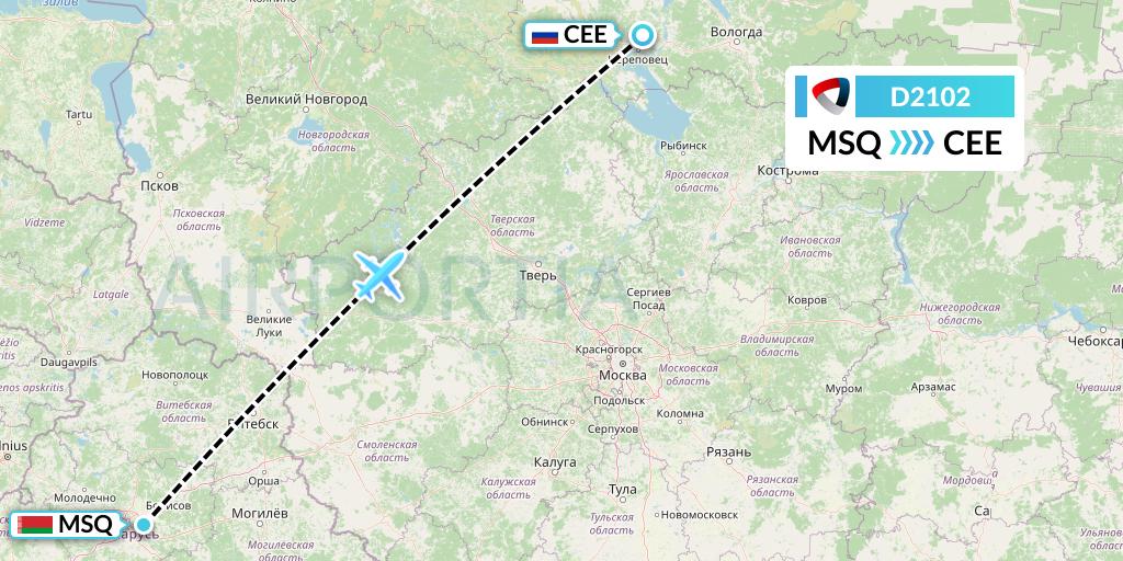D2102 Severstal Aircompany Flight Map: Minsk to Cherepovets
