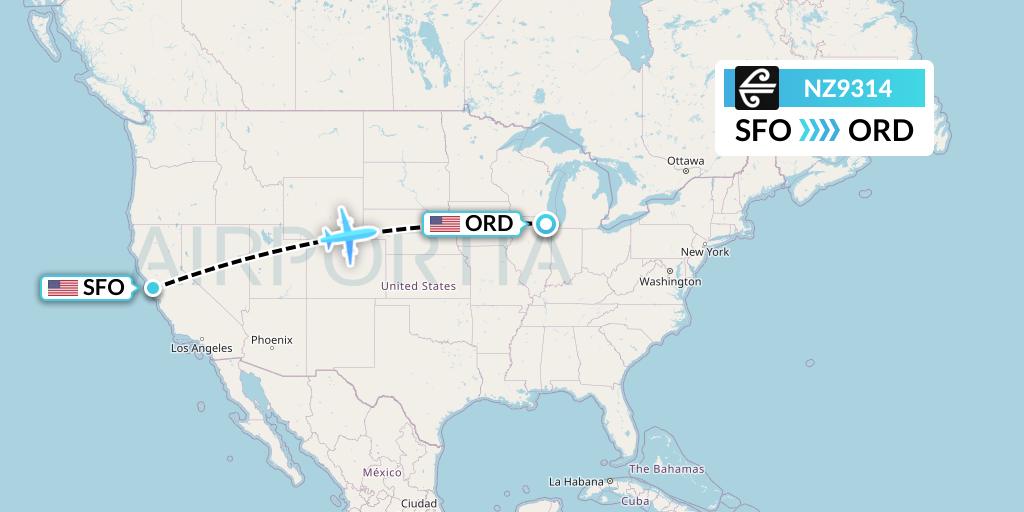 NZ9314 Air New Zealand Flight Map: San Francisco to Chicago