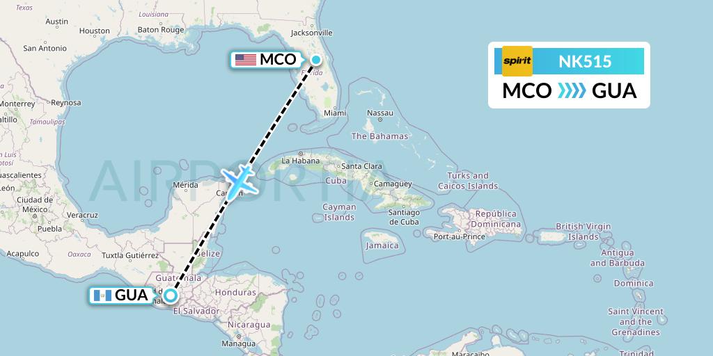 NK515 Spirit Airlines Flight Map: Orlando to Guatemala City