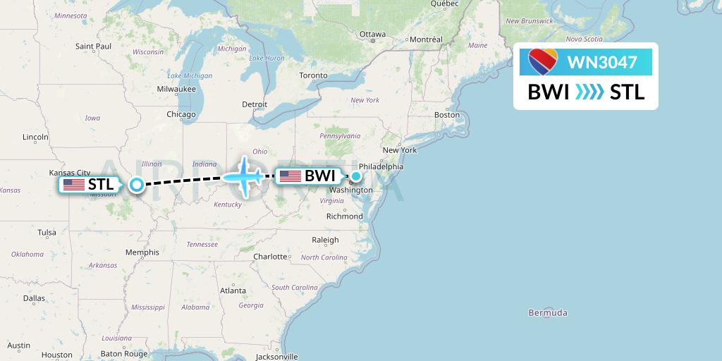 WN3047 Southwest Airlines Flight Map: Baltimore to St. Louis