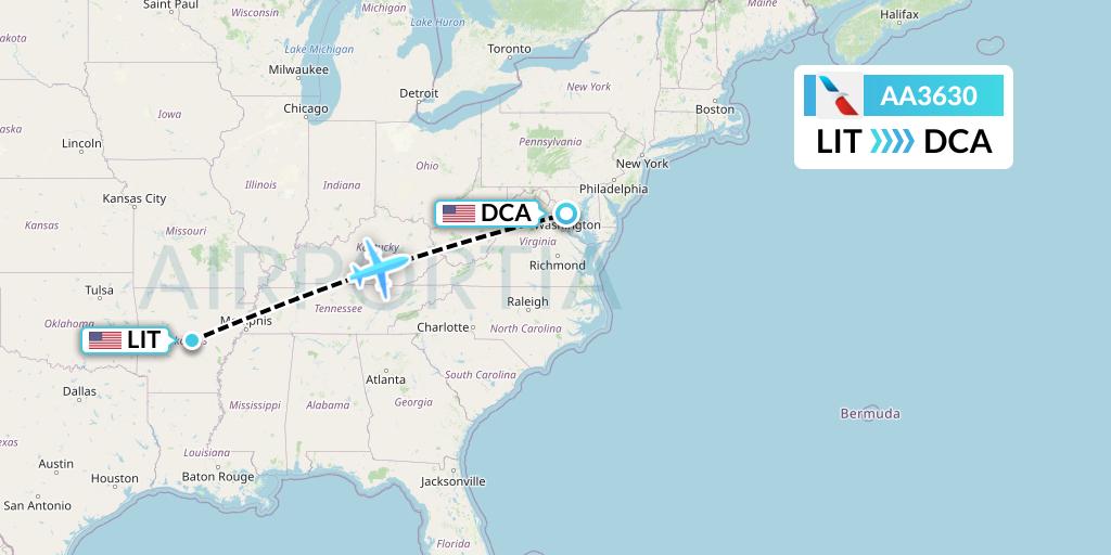 AA3630 American Airlines Flight Map: Little Rock to Washington