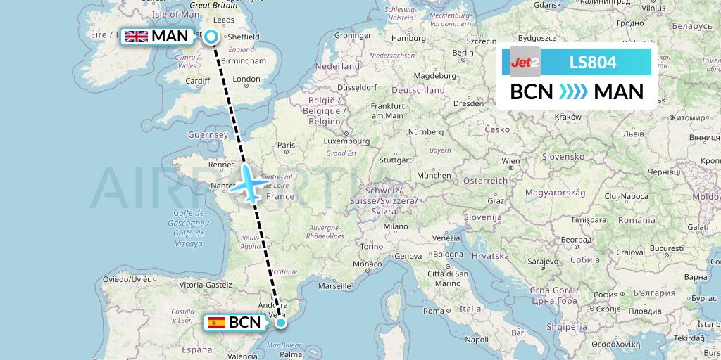 LS804 Jet2 Flight Map: Barcelona to Manchester