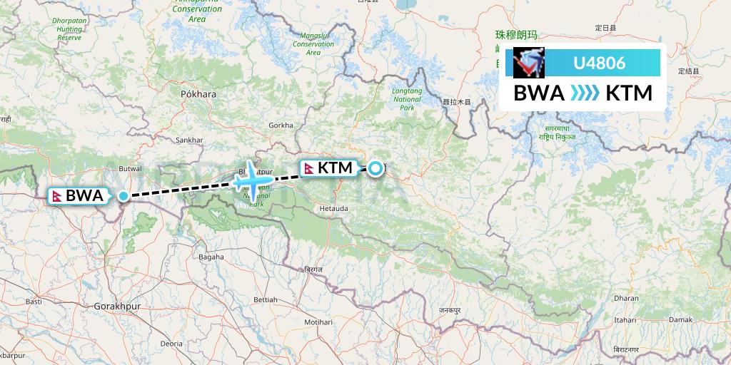 U4806 Buddha Air Flight Map: Bhairawa to Kathmandu