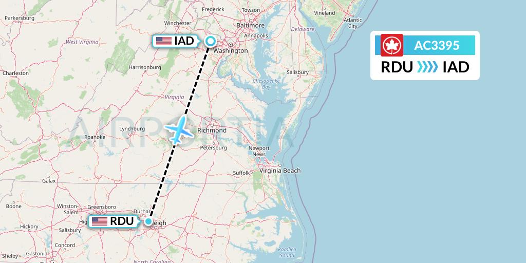 AC3395 Air Canada Flight Map: Raleigh-Durham to Washington