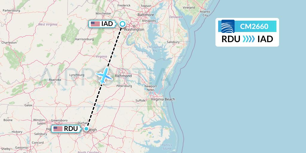 CM2660 Copa Airlines Flight Map: Raleigh-Durham to Washington