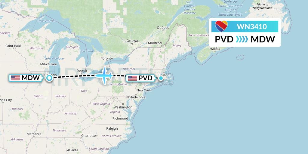 WN3410 Southwest Airlines Flight Map: Providence to Chicago