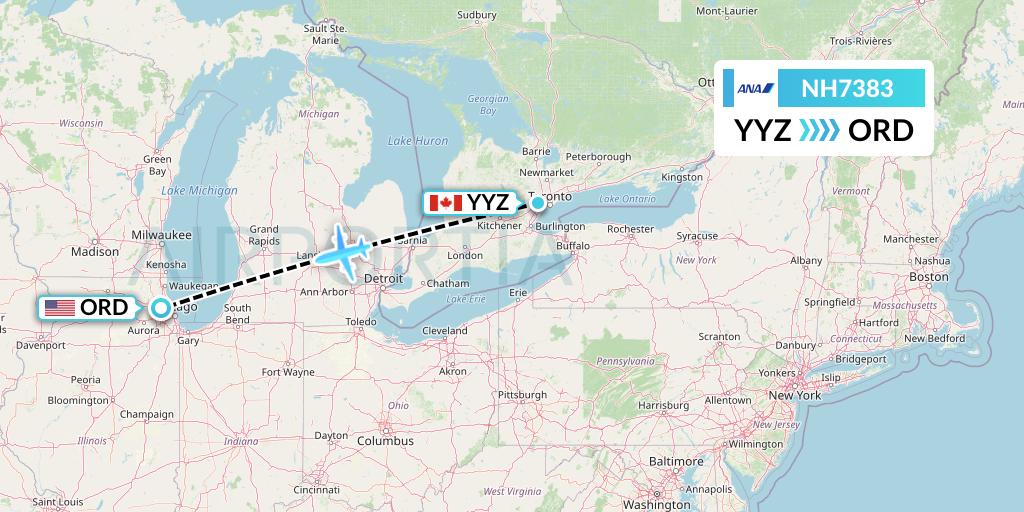 NH7383 All Nippon Airways Flight Map: Toronto to Chicago