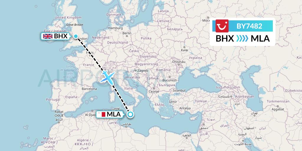 BY7482 TUI Airways Flight Map: Birmingham to Malta