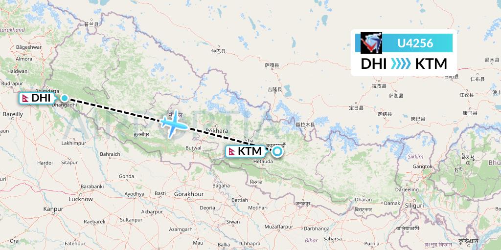 U4256 Buddha Air Flight Map: Dhangarhi to Kathmandu