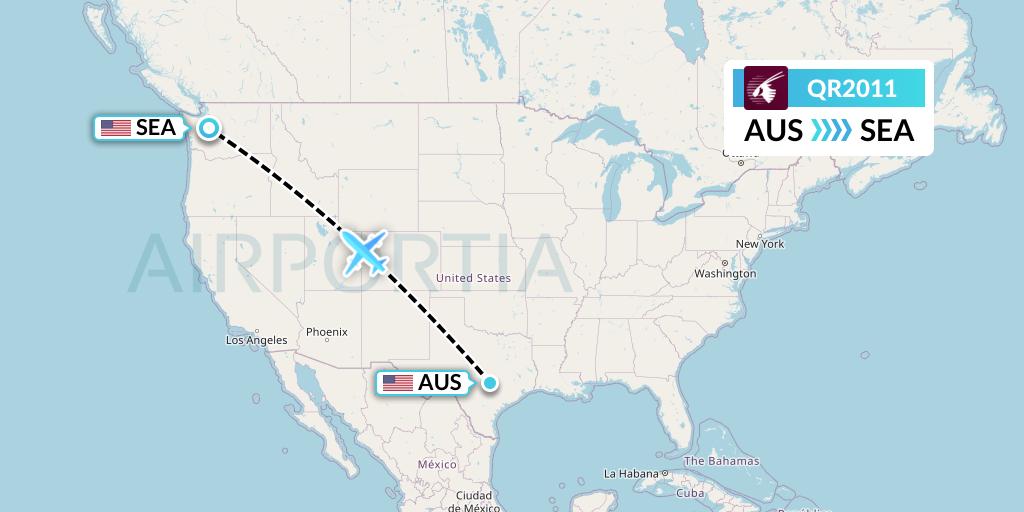 QR2011 Qatar Airways Flight Map: Austin to Seattle