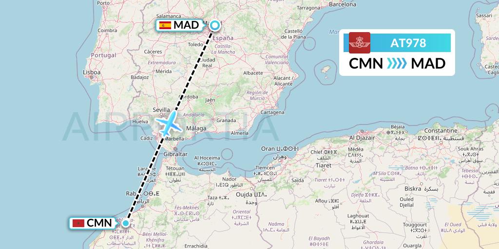 AT978 Royal Air Maroc Flight Map: Casablanca to Madrid