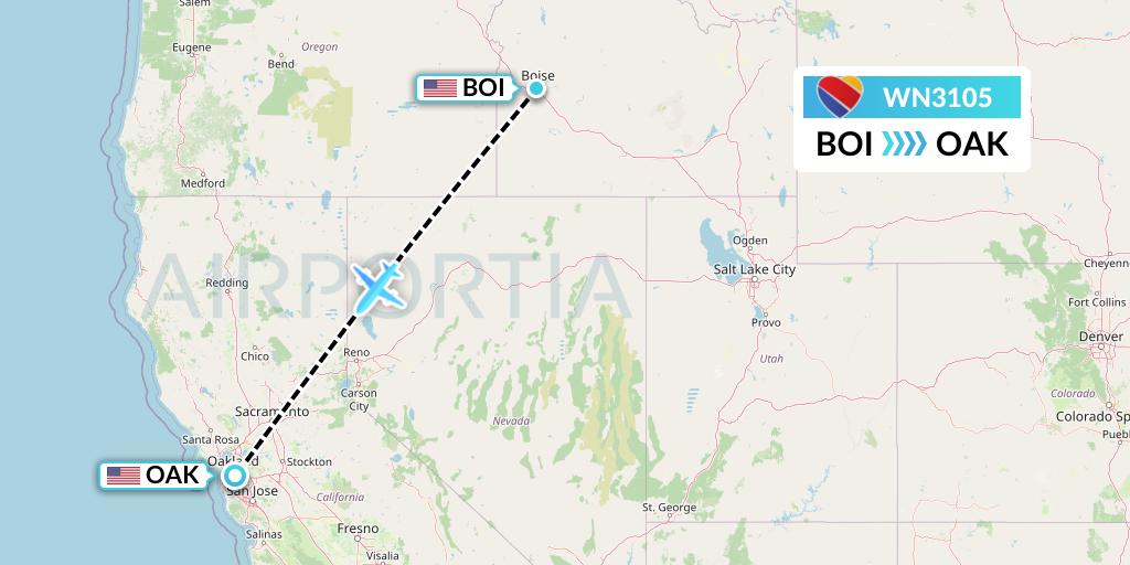 WN3105 Southwest Airlines Flight Map: Boise to Oakland