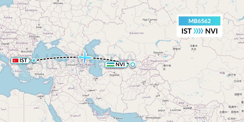 MB6562 MNG Airlines Flight Map: Istanbul to Navoiy