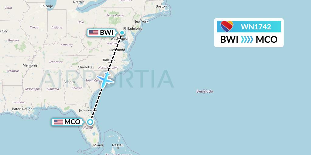 WN1742 Southwest Airlines Flight Map: Baltimore to Orlando