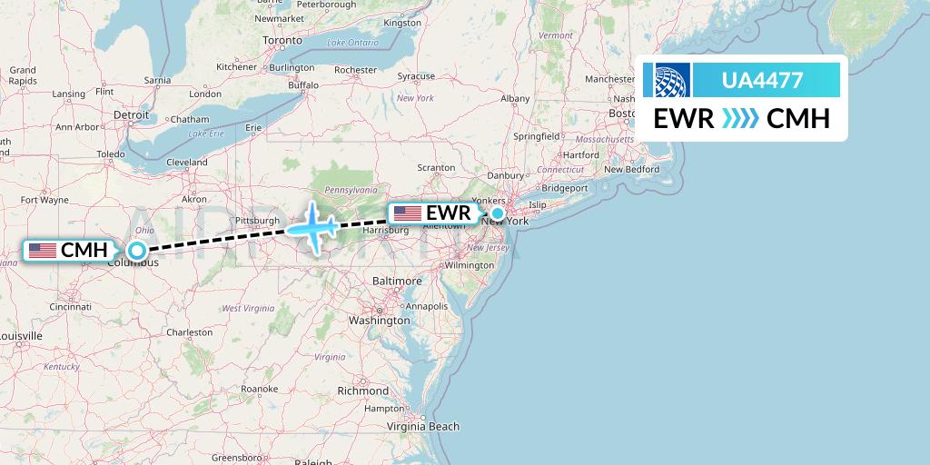 UA4477 United Airlines Flight Map: New York to Columbus