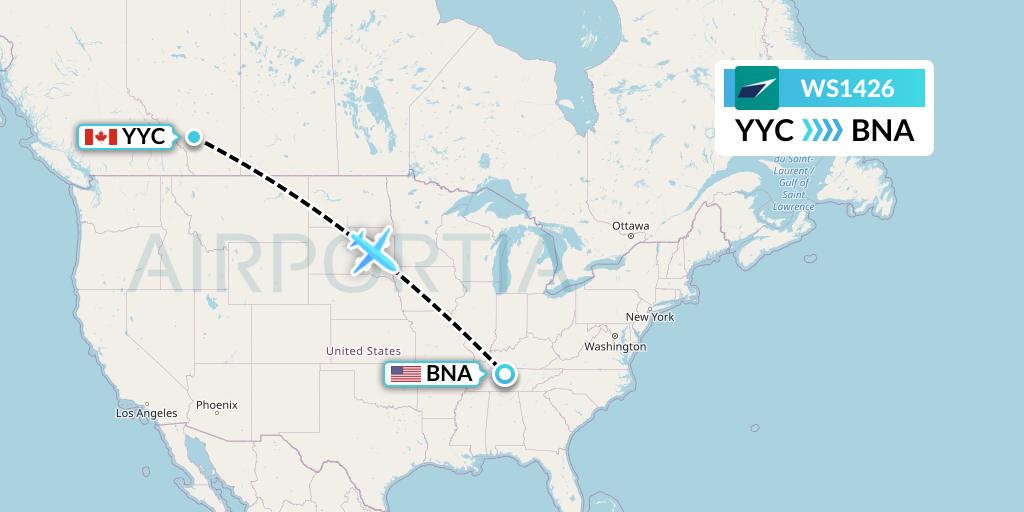 WS1426 WestJet Flight Map: Calgary to Nashville