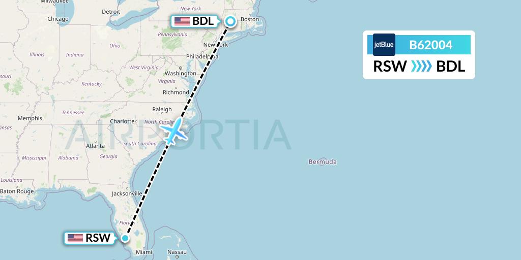 B62004 JetBlue Airways Flight Map: Fort Myers to Windsor Locks