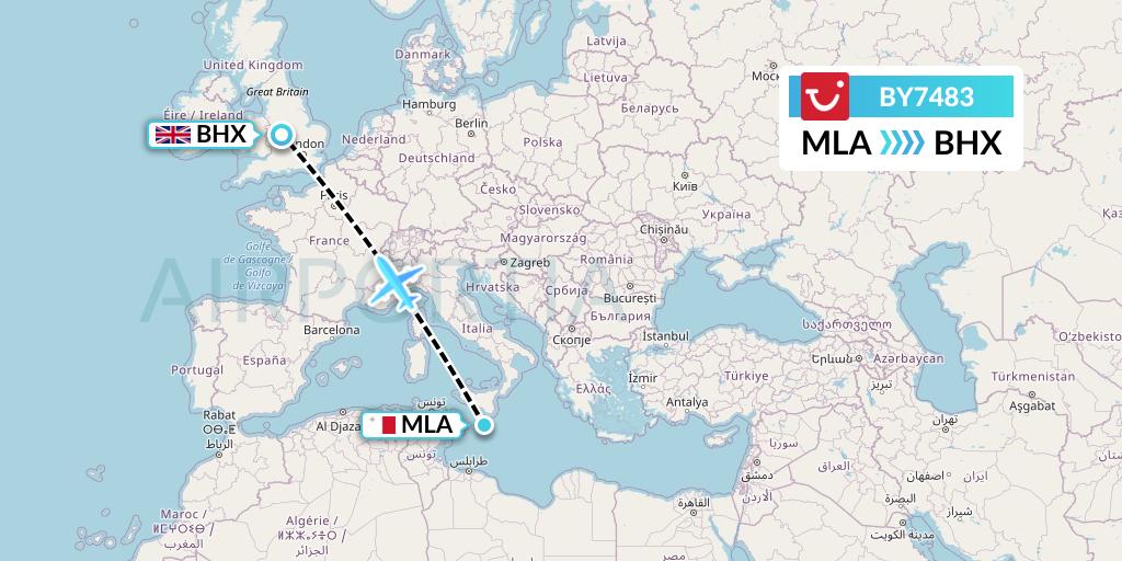 BY7483 TUI Airways Flight Map: Malta to Birmingham