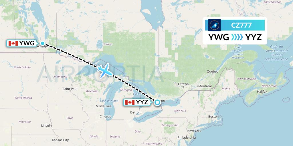 CZ777 China Southern Airlines Flight Map: Winnipeg to Toronto