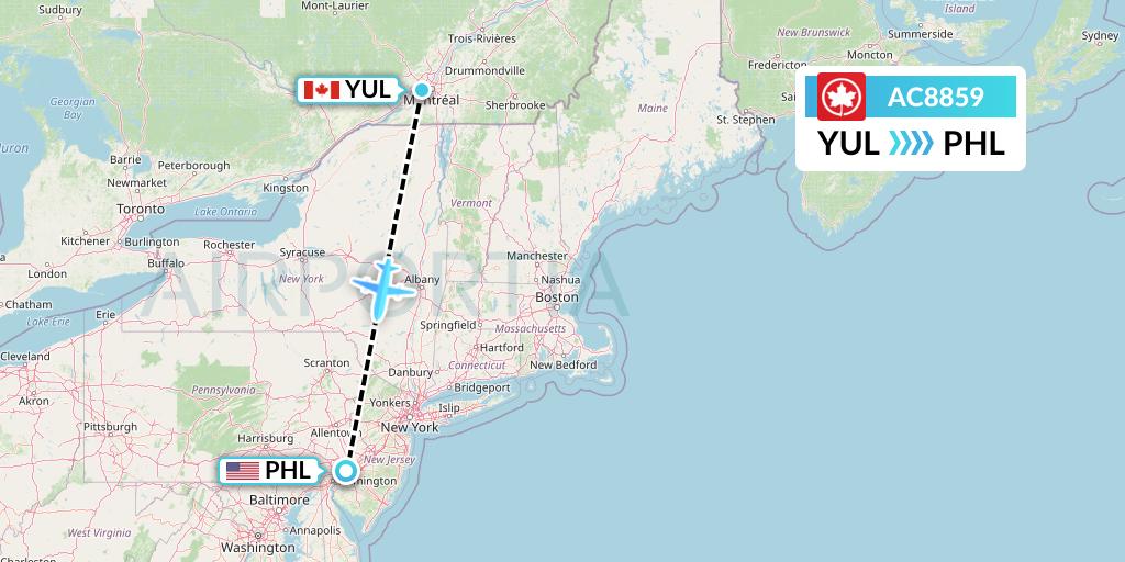 AC8859 Air Canada Flight Map: Montreal to Philadelphia