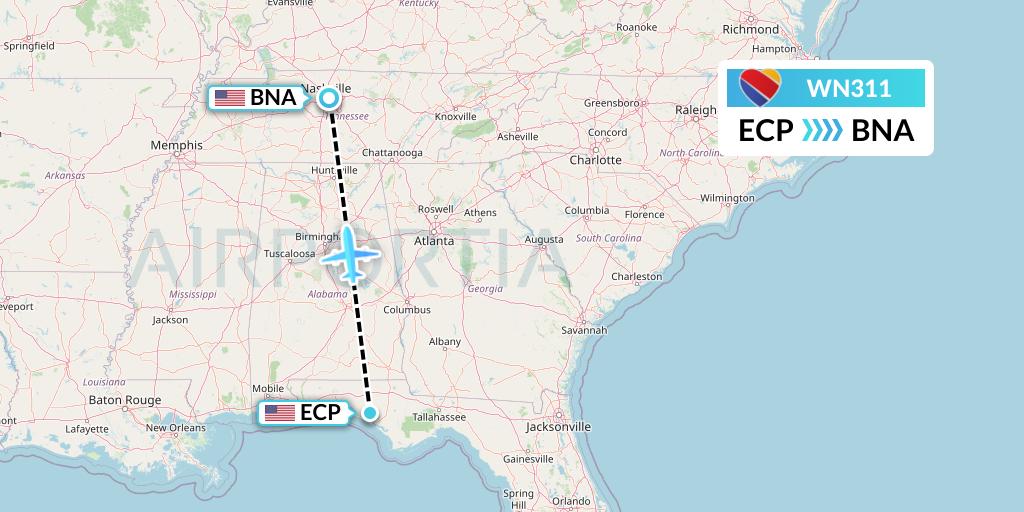 WN311 Southwest Airlines Flight Map: Panama City to Nashville