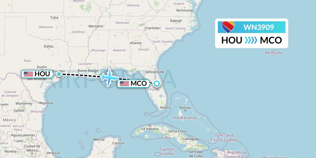 WN3909 Southwest Airlines Flight Map: Houston to Orlando