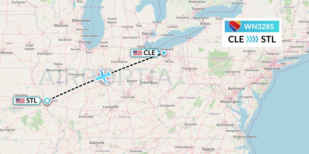 WN3285 Southwest Airlines Flight Map: Cleveland to St. Louis