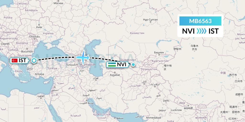 MB6563 MNG Airlines Flight Map: Navoiy to Istanbul