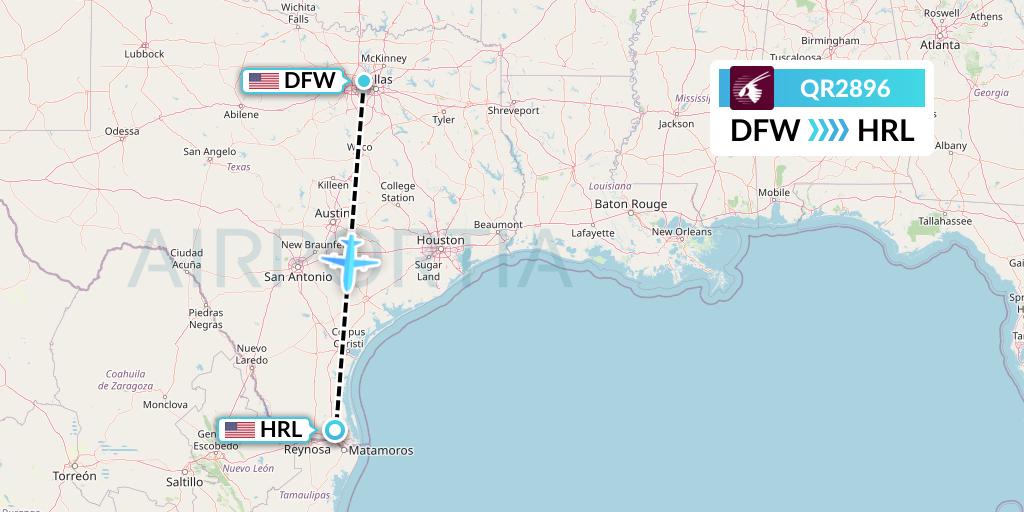 QR2896 Qatar Airways Flight Map: Dallas to Harlingen