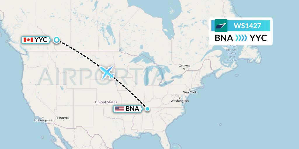 WS1427 WestJet Flight Map: Nashville to Calgary