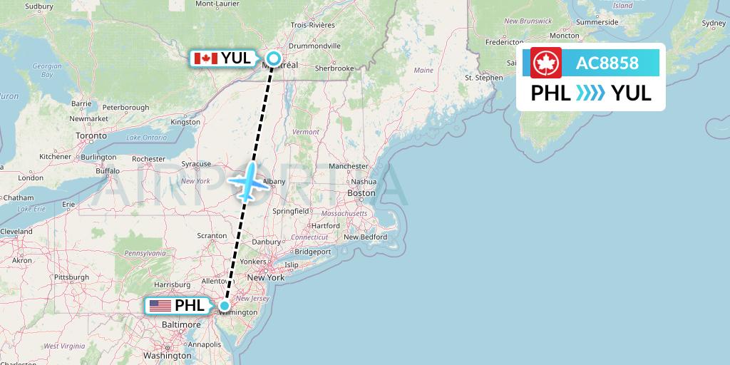 AC8858 Air Canada Flight Map: Philadelphia to Montreal