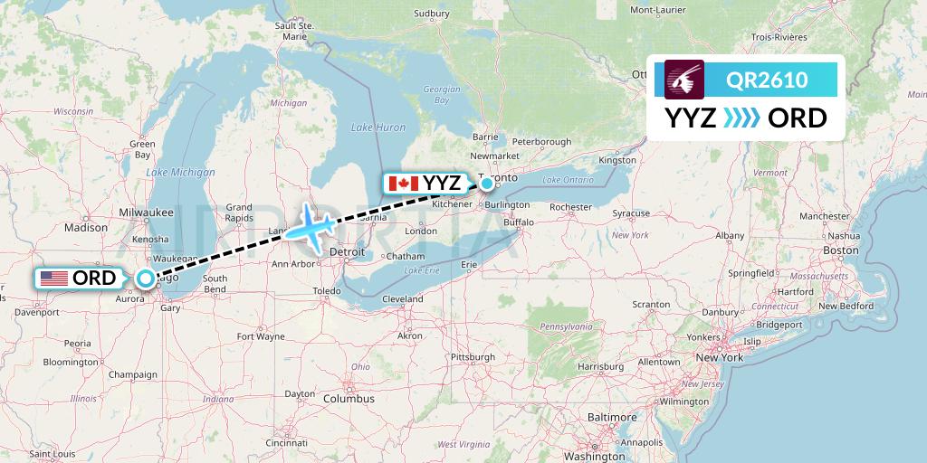 QR2610 Qatar Airways Flight Map: Toronto to Chicago