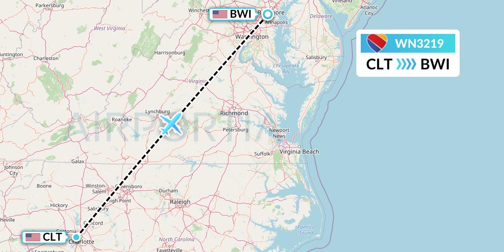 WN3219 Southwest Airlines Flight Map: Charlotte to Baltimore