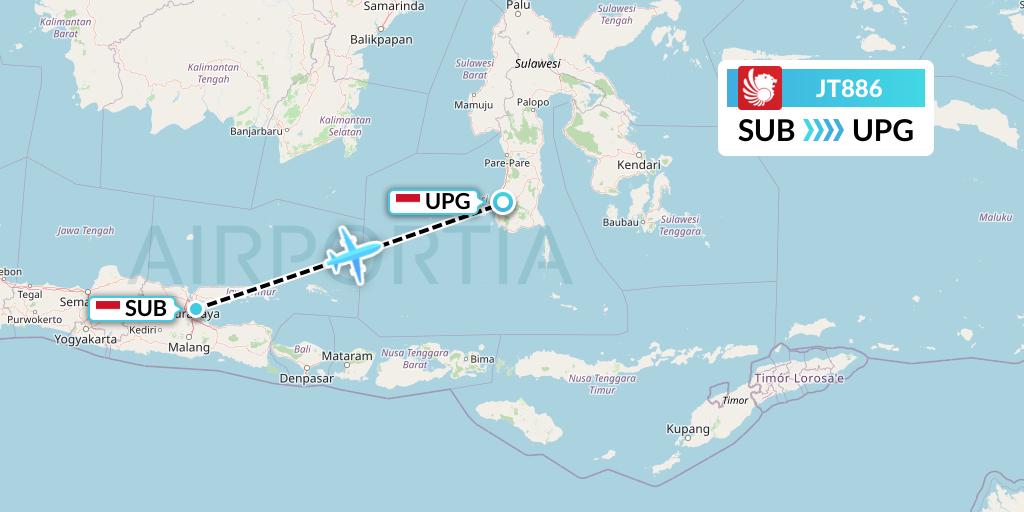 JT886 Lion Airlines Flight Map: Surabaya to Makassar