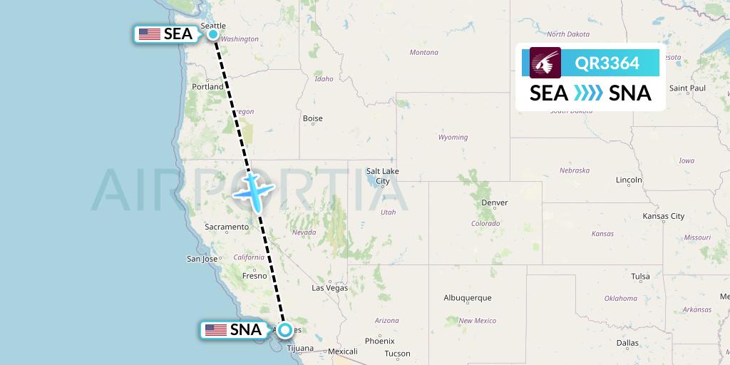 QR3364 Qatar Airways Flight Map: Seattle to Orange County