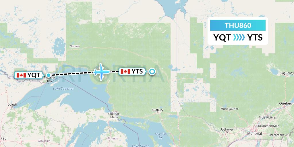THU860 Thunder Airlines Flight Map: Thunder Bay to Timmins