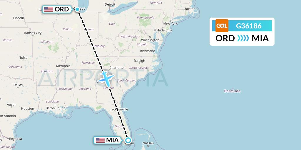 G36186 GOL Transportes Aeros Flight Map: Chicago to Miami