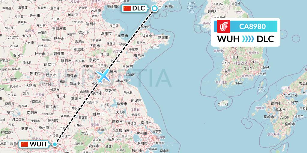 CA8980 Air China Flight Map: Wuhan to Dalian