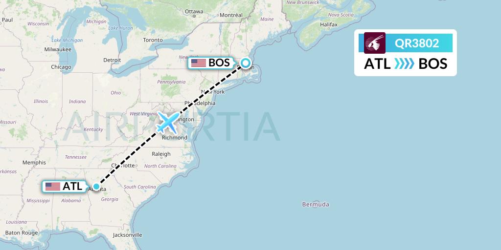QR3802 Qatar Airways Flight Map: Atlanta to Boston