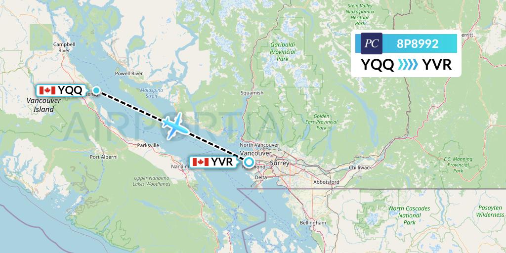 8P8992 Pacific Coastal Airlines Flight Map: Comox to Vancouver