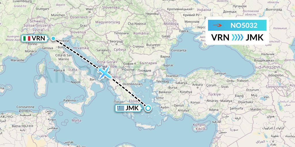 NO5032 Neos Flight Map: Verona to Mykonos