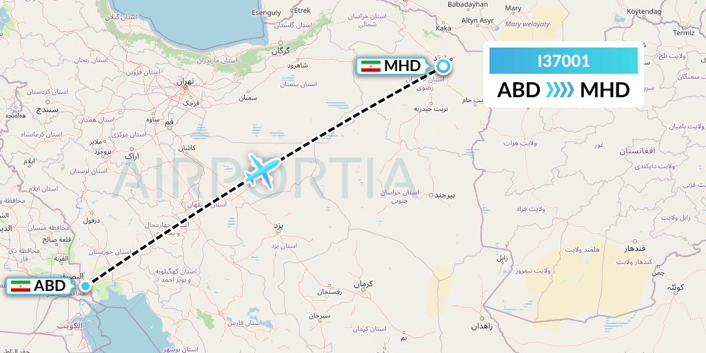 I37001 ATA Airlines Flight Map: Abadan to Mashhad