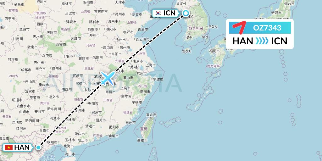 OZ7343 Asiana Airlines Flight Map: Hanoi to Seoul