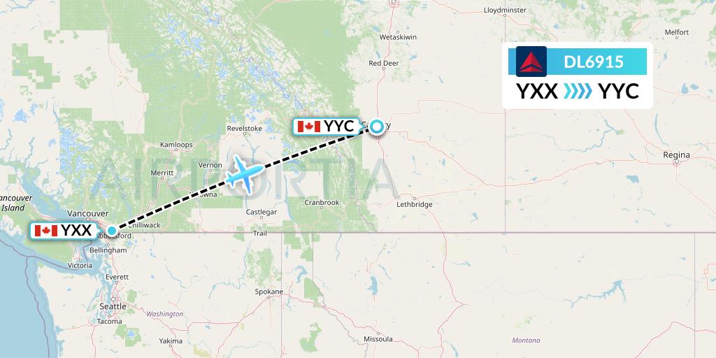 DL6915 Delta Air Lines Flight Map: Abbotsford to Calgary