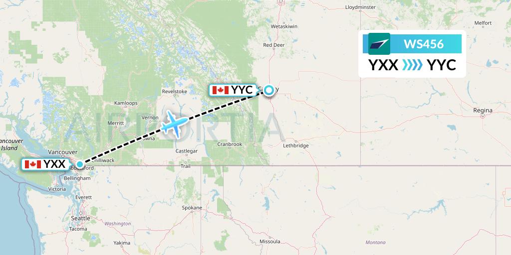 WS456 WestJet Flight Map: Abbotsford to Calgary