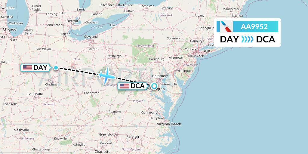 AA9952 American Airlines Flight Map: Dayton to Washington