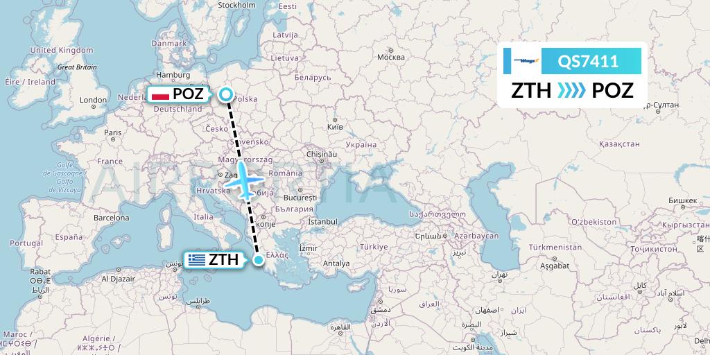 QS7411 Smartwings Flight Map: Zakynthos to Poznan