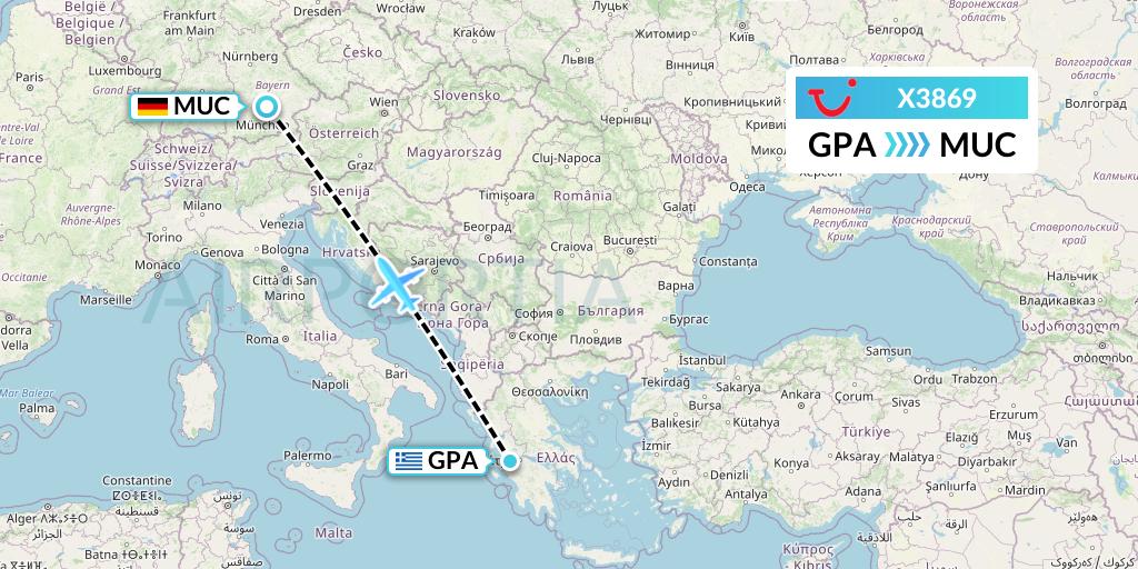 X3869 TUI fly Germany Flight Map: Patras to Munich